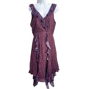 Parker Burgundy Floral Print Ruffled Sleeveless V-Neck Dress Size Small